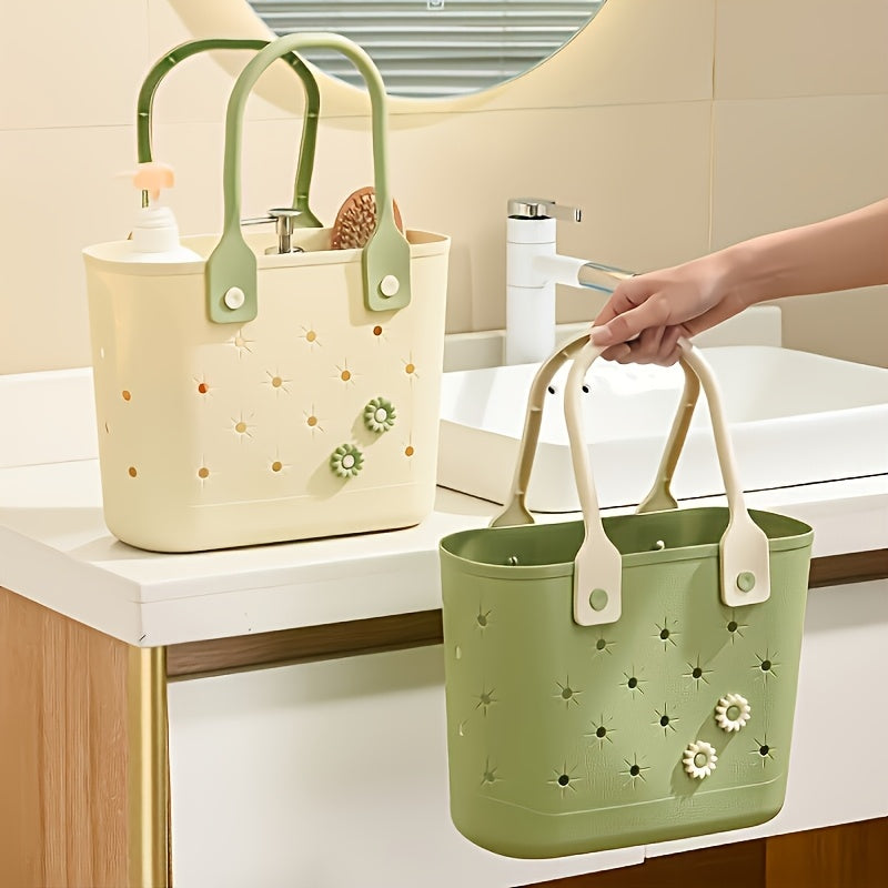2pcs Floral Tote Bag Floral Pattern Rubber Beach Tote Bag, Durable, Soft Handles, Multipurpose Storage for Bath Essentials, Shopping, Camping - Reusable All-in-One Personal Care Organizer for Home & Travel